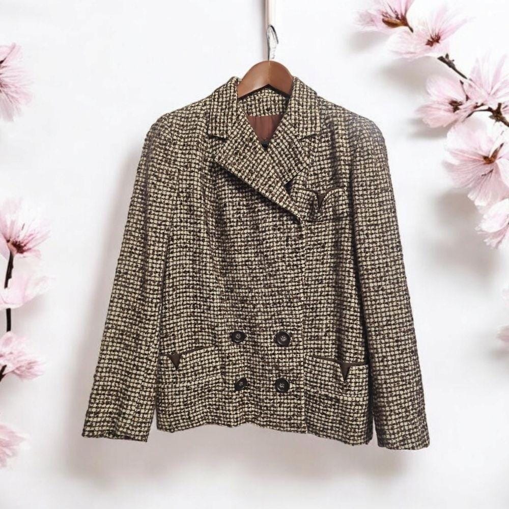 Vintage Swandown Miron Double Breasted‎ Tweed Blazer Brown Houndstooth Pattern M
